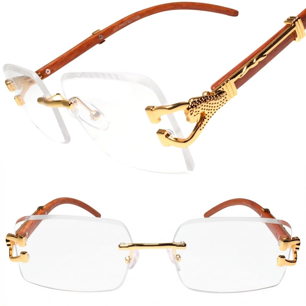 Look Rich Leopard Decor Faux Wood Gold Temple Rimless Hip Hop Clear Lens Glasses